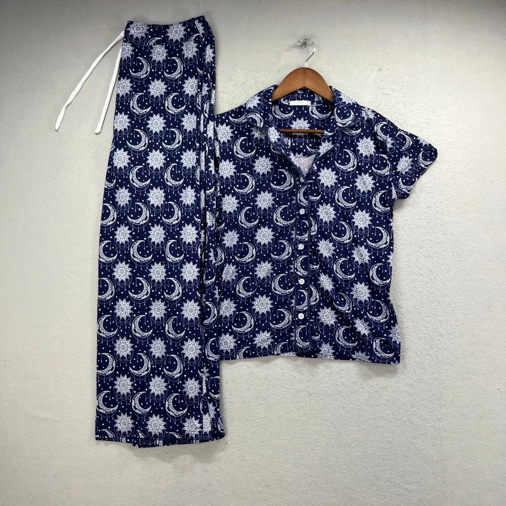 Amanda Blu Pajama Set Womens S/L Blue Moon Star Celestial Lounge Sleepwear PJs